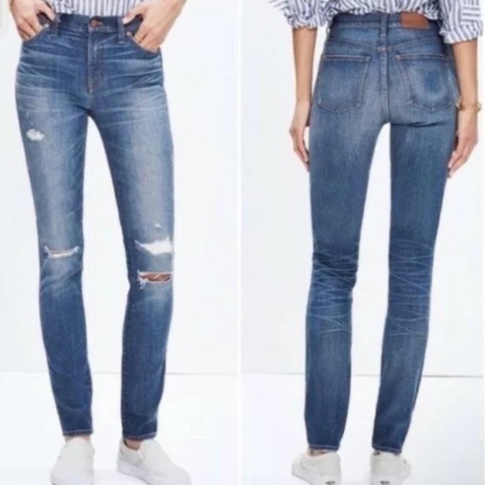 Madewell 9" High Riser Rip and Repair Medium indigo wash Skinny Jeans - Picture 1 of 15
